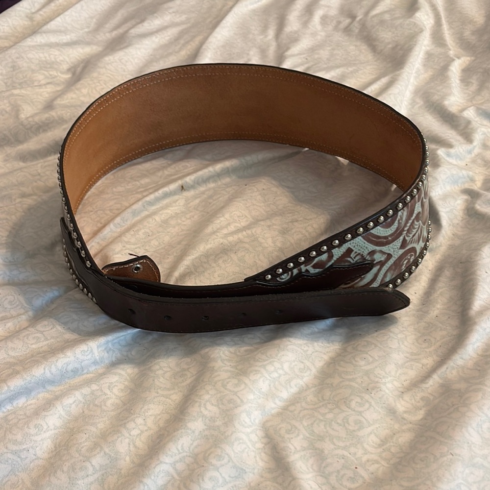 Brown and Blue Studded Leather Belt